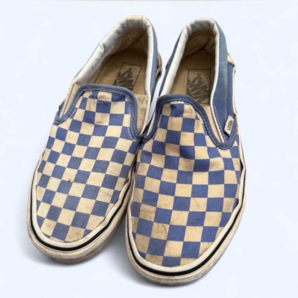 Vans Classic Blue and Cream Checkered Slip-Ons